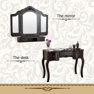 Black color Beauty Station Makeup Table Wooden Stool Set Mirrors with Organization Drawers