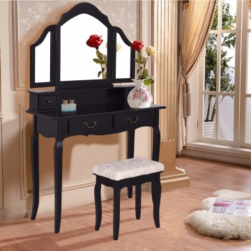 Folding Makeup Table Set Bedroom Dressing Sets Tri Mirror Vanity With Stool & 4 Drawers Black/White (White)