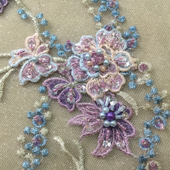 Purple Handmade Beaded Crystal Lace Fabric