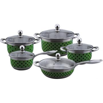 Cookware set with green dot painting