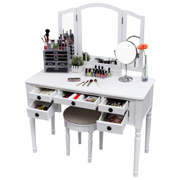 Vanity Table Makeup Dresser with Mirror Cushioned Stool 5 Drawers Dresser Makeup Table