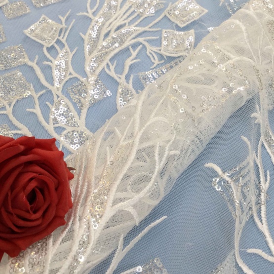 White Crystal Sequin Tulle Embroidery Fabric