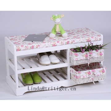 wooden storage bench with straw weave baskets with confortable sponge seat cushion
