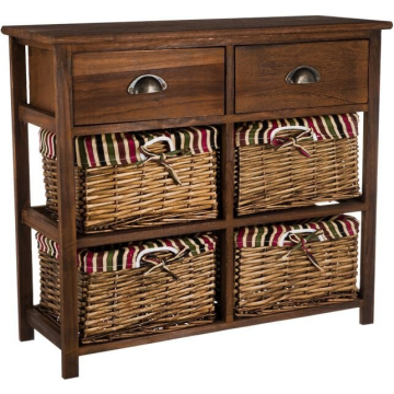 Sideboard Cupboard 4 Drawers 2 Shelves 3 Baskets Wicker Wood Fabric Brown Country Style Kitchen Bedroom