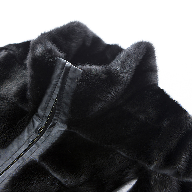 The collar of a black fur cashmere overcoat