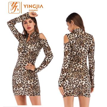 Women Sexy Bodycon Print Leopard Long Sleeve Dress