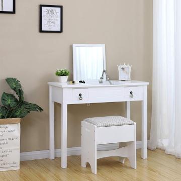 Cushioned Stool 3 Removable Organizers Mirror Makeup Dressing Table Writing Desk with 2 Drawers