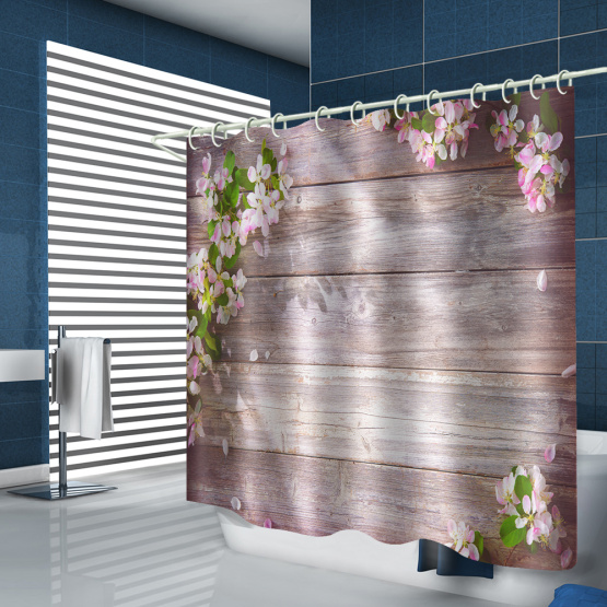 Retro Wood Plank Flower Waterproof Shower Curtain Pink Bathroom Decor