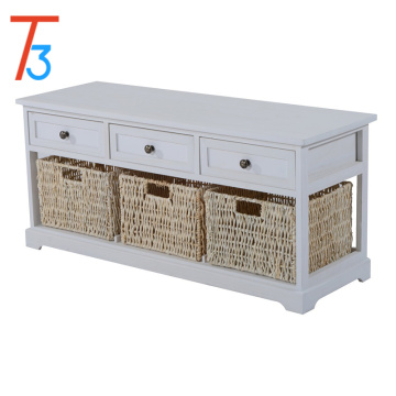 antique wooden 3-drawer 3-basket storage bench