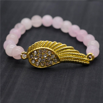 Rose Quartz 8MM Round Beads Stretch Gemstone Bracelet with Diamante Wing Piece
