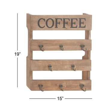 Wall Mounted 8 Hook Torched Wood Coffee Mug Cup Holder Display Rack