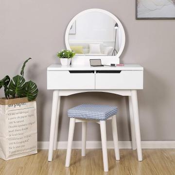 White Vanity Table Set with Round Mirror 2 Large Sliding Drawers Dresser Makeup Table Dressing Table Set