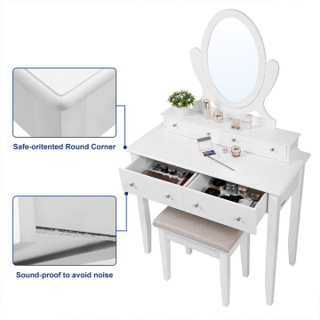 Vanity Table Set with Mirror and 4 Drawers, Wooden Makeup Dressing Table with Large Stool, Gift for Women Girls, White