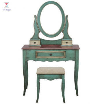 Mediterranean style green Drawer Mirrored Wooden Dressing Table