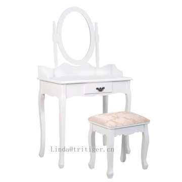Cheap Sleek Wood MakeUp Mirror Vanity Dresser Table and Stool Set With drawers, White