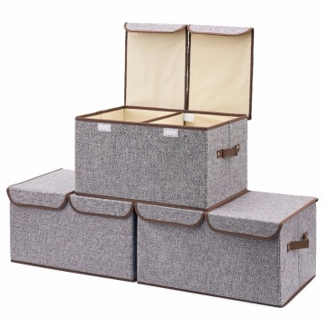 Linen Fabric Foldable Storage Cubes Bin Box Containers with Lid and Handles