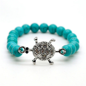 Turquoise 8MM Round Beads Stretch Gemstone Bracelet with Diamante alloy tortoise Piece