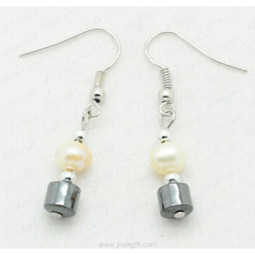 Freshwater pearl hematite drum beads earring
