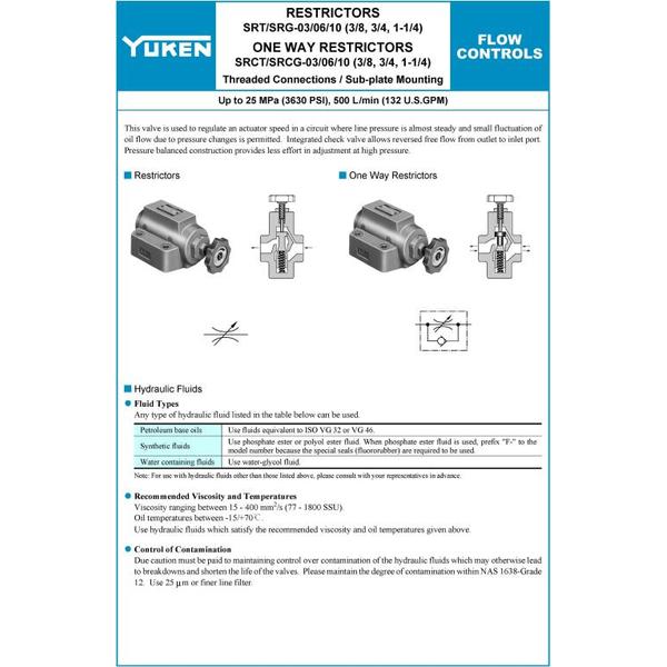 Yuken Series SRG-03/06/10 Hydraulic flow Control Valve