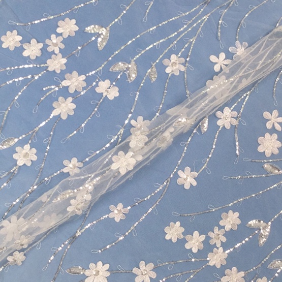 White Crystal Sequin Flower Embroidery Fabric