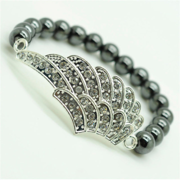 Hematite 8MM Round Beads Stretch Gemstone Bracelet with Diamante alloy big wing Piece