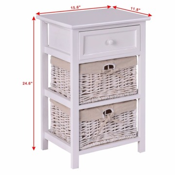 Wicker Basket White Night Stand 3 Tiers 1 Drawer Bedside End Table Organizer