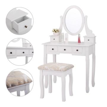 White Finish 5 Drawers Vanity Table Cushioned Stool Makeup Dressing Table Organizer Bedroom