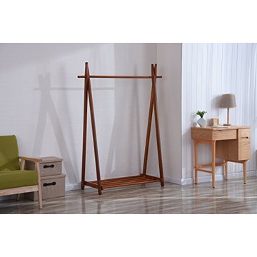 Large Free Standing Foldable Solid Wood Garment Coat Rack Clothes hanging with Bottom Shelf