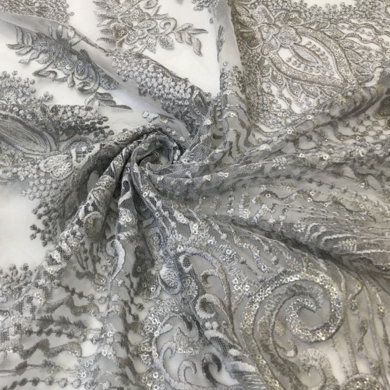 Gray Shine Sequin Flower Embroidery Fabrics