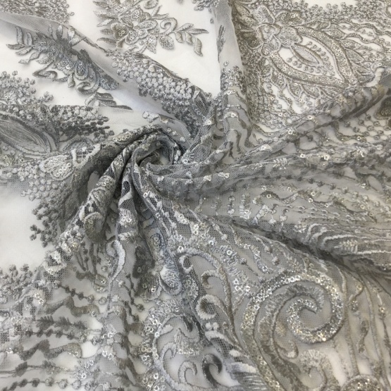 Gray Shine Sequin Flower Embroidery Fabrics