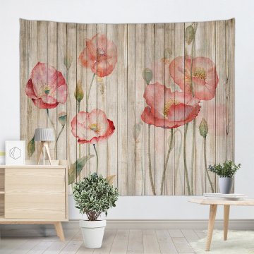 Vintage Planks with Red Flower Tapestry Wall Hanging Vertical Striped Wooden Board Wall Tapestry for Livingroom Bedroom Dorm Hom