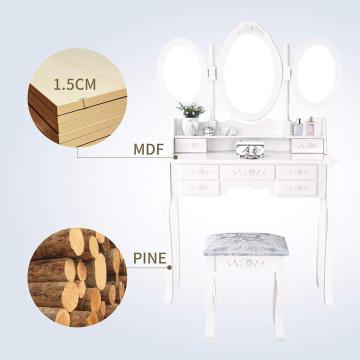 White Tri Folding Mirror Vanity Dressing Table with 7 Drawers/Stool Makeup Dresser with Mirror Wooden Dressing Table Designs