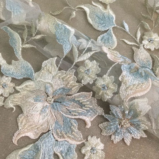 Sky Blue handmade Embroidery Flower Design Fabric