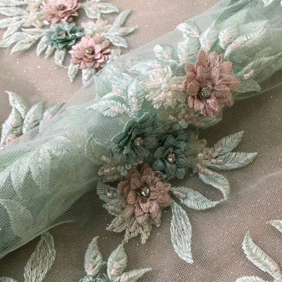 Light Green 3D StoneTulle Embroidery Fabric