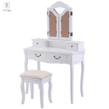 Folding Mirror white Wood Bathroom Vanity Set Makeup Table Dresser 4 Drawers with stool