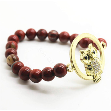 Red Jasper 8MM Round Beads Stretch Gemstone Bracelet with Diamante owl alloy Piece