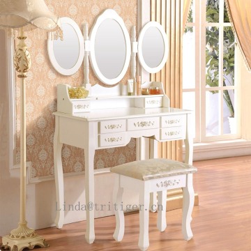 White 3-Piece Wood Make Up 3 Mirror Vanity Dresser Table and Stool Set with 7 Drawers