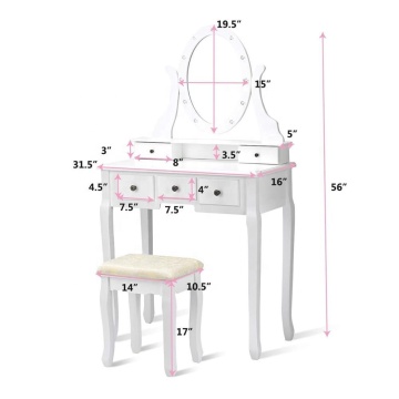 White 5 Drawers 12 LED Lights Bedroom wooden vanity dressing table with Benches