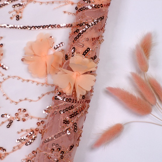 Orange Floral Sequin Embroidery Tulle Lace