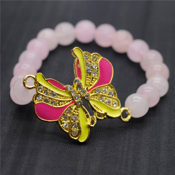 Rose Quartz 8MM Round Beads Stretch Gemstone Bracelet with Diamante alloy Butterfly Piece