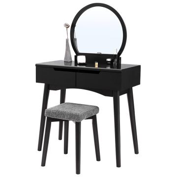 Black Vanity Table Set with Round Mirror 2 Large Sliding Drawers Dresser Makeup Table Dressing Table Set