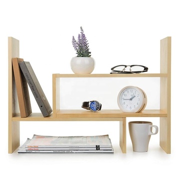 Adjustable Natural Wood Desktop Storage Organizer Display Shelf Rack, Counter Top Bookcase, Beige