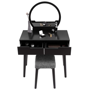 Black Vanity Table Set with Round Mirror 2 Large Sliding Drawers Dresser Makeup Table Dressing Table Set