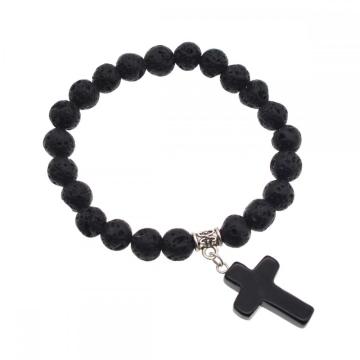 Natural Lava Stone Chakra Gemstone 8MM Round Beads Charms Bracelet with Cross