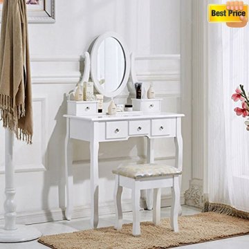 White Dressing Table and Chair Makeup Desk with Stool 5 Drawers and Oval Mirror Bedroom