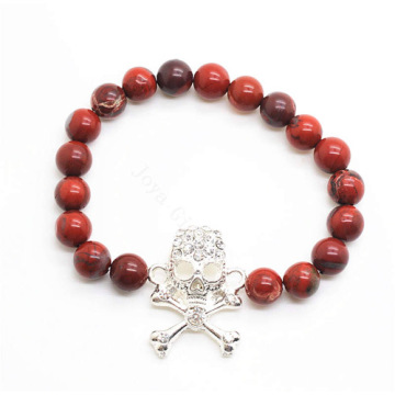 Red Jasper 8MM Round Beads Stretch Gemstone Bracelet with Diamante Skull Piece