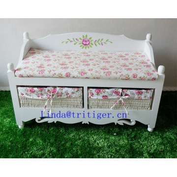 Painted solid wood sofa shoe storage cushion footstool straw woven wicker basket drawers