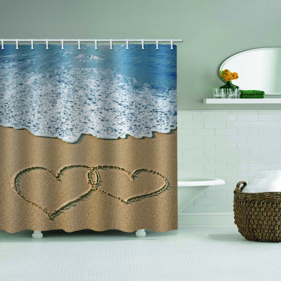 Sea Beach with Two Love Hearts Waterproof Shower Curtain Ocean Romantic Bathroom Decor