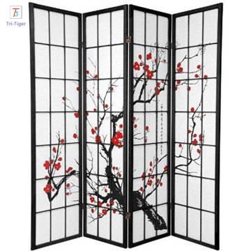 Japanese style 4 Panels Plum Blossom Screen Room Divider black