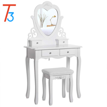 Dressing Table Set with Stool and Heart shape Mirror Makeup Desk 4 Drawers Vanity Furniture bedroom White